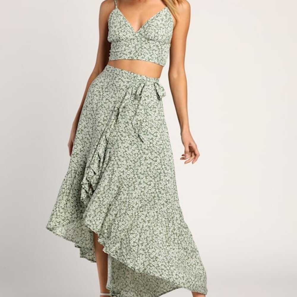 Lulus Summer Romance Sage Green Floral Print Two-piece Midi Dress - Size XS